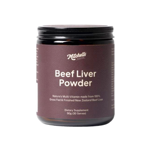 A Supplement container with the name Beef Liver Powder by Mitchells Nutrition.
