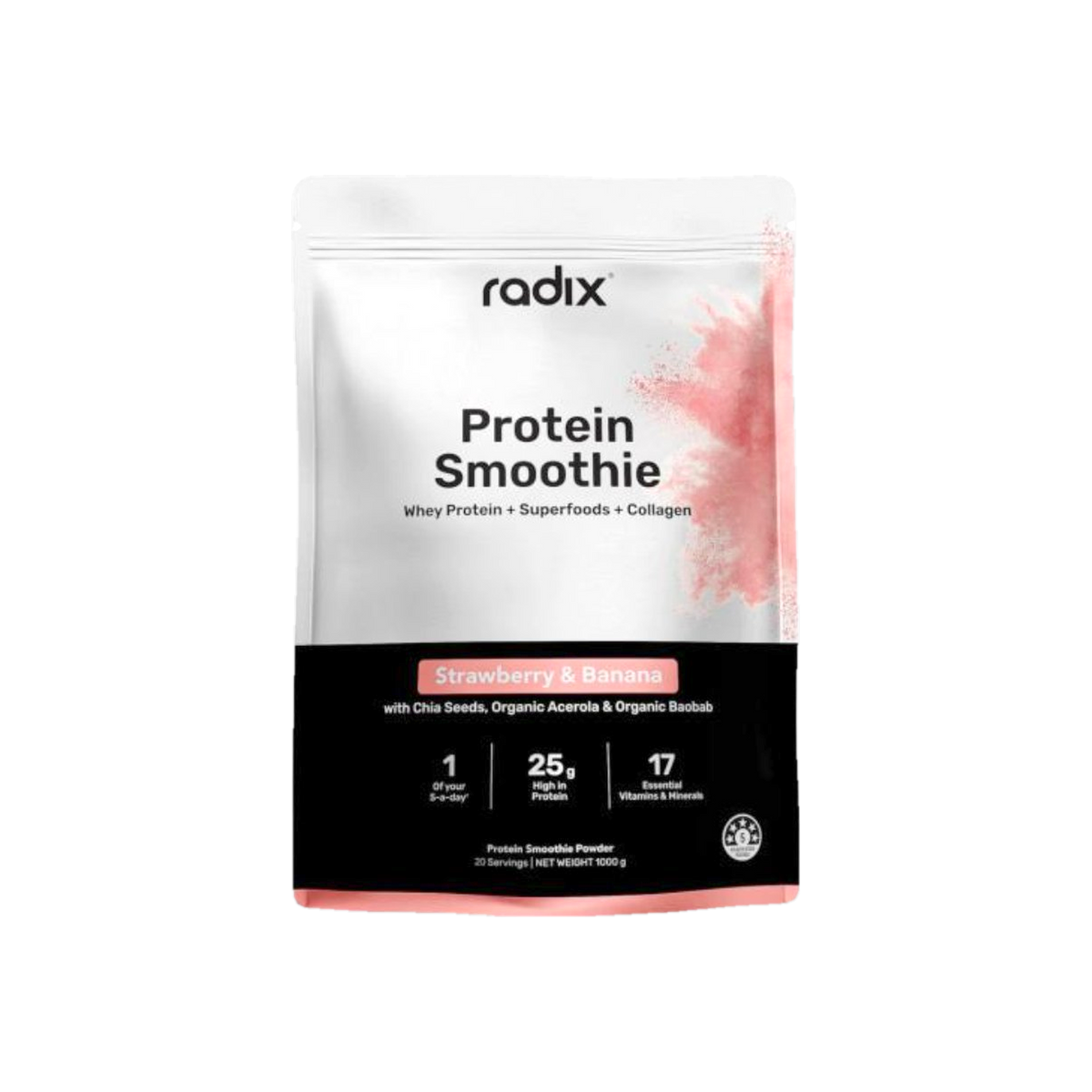 A Supplement bag with the name Whey Protein Smoothie (Strawberry & Banana) by Radix Nutrition).