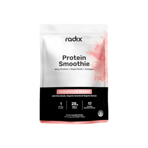 A Supplement bag with the name Whey Protein Smoothie (Strawberry & Banana) by Radix Nutrition).