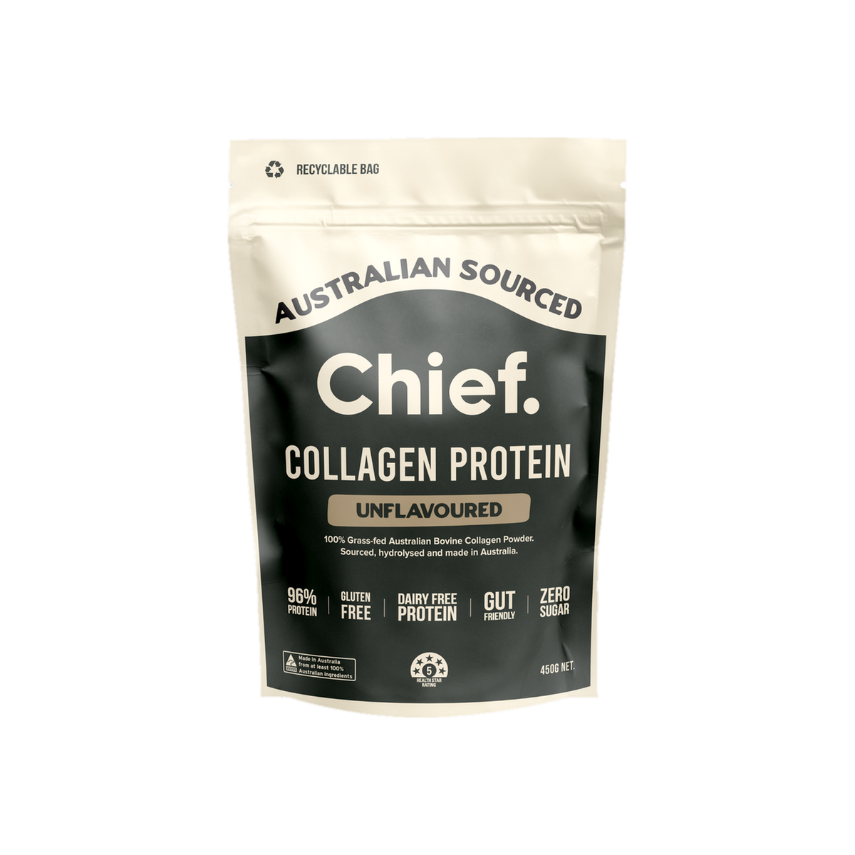 A supplement container of Collagen Protein Unflavoured 450g by Chief Nutrition