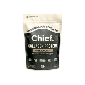 A supplement container of Collagen Protein Unflavoured 450g by Chief Nutrition