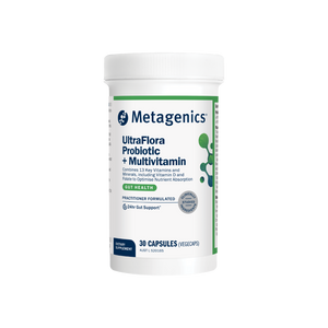 A supplement container of UltraFlora Probiotic + Multivitamin by Metagenics