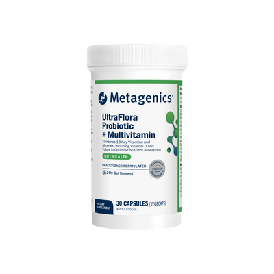 A supplement container of UltraFlora Probiotic + Multivitamin by Metagenics