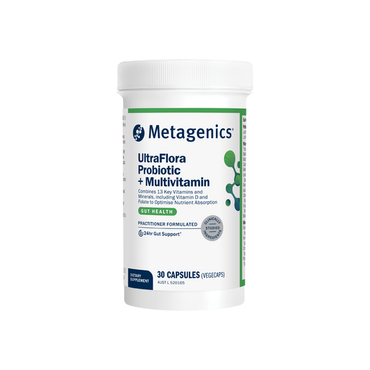 A supplement container of UltraFlora Probiotic + Multivitamin by Metagenics
