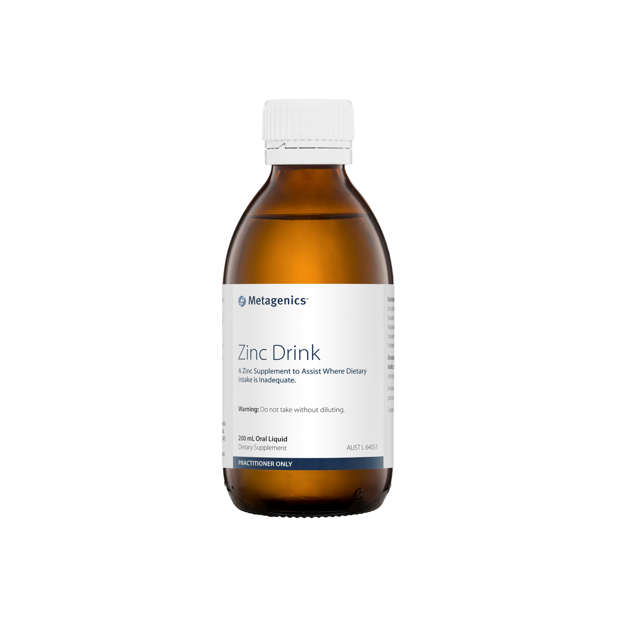A supplement container of Zinc Drink 200mL by Metagenics