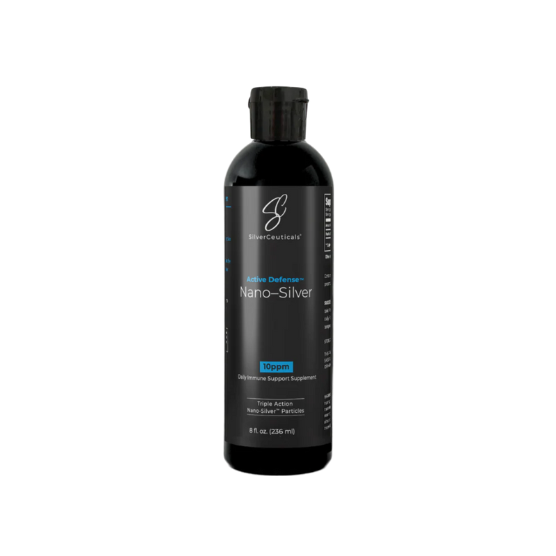 A Supplement container with the name Active Defense Nano - Silver 10ppm (236ml) by SilverCeuticals.