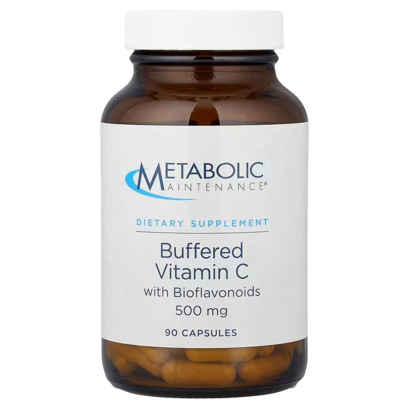 A Supplement container with the name Buffered Vitamin C (500mg) by Metabolic Maintenance.