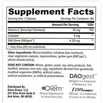 Text describing the ingredients: Vitamin C (Ascorbyl Palmitate), Catalase, DAO (from DAOgest)