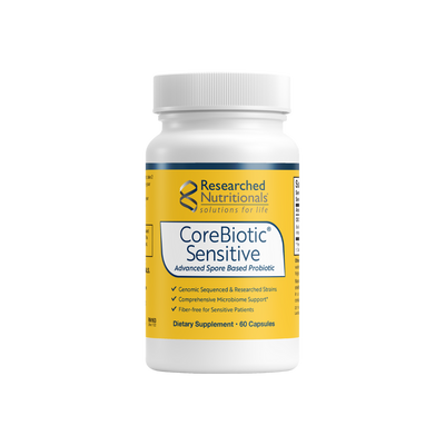 A supplement container of CoreBiotic Sensitive by Researched Nutritionals