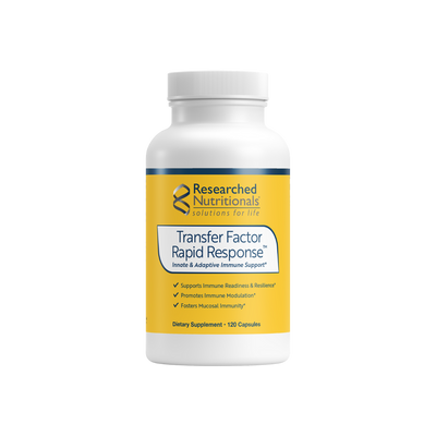 A supplement container of Transfer Factor Rapid Response by Researched Nutritionals