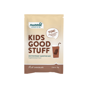 A supplement container of Kids Good Stuff x10 Sachet Box (Rich Chocolate) by Nuzest (Retail)