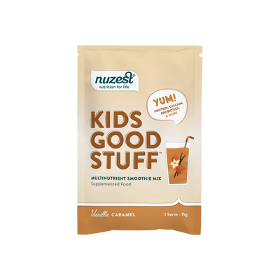 A supplement container of Kids Good Stuff x10 Sachet Box (Vanilla Caramel) by Nuzest (Retail)