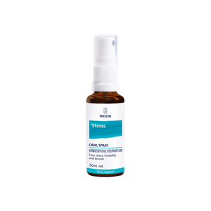 A supplement container of Stress Oral Spray by Weleda