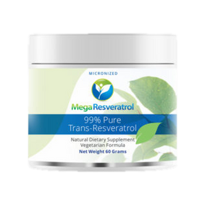 A supplement container of 99% Trans-Resveratrol Powder by MegaResveratrol