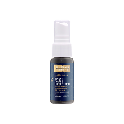 A supplement container of Immune Charge+ Throat Spray by Quicksilver