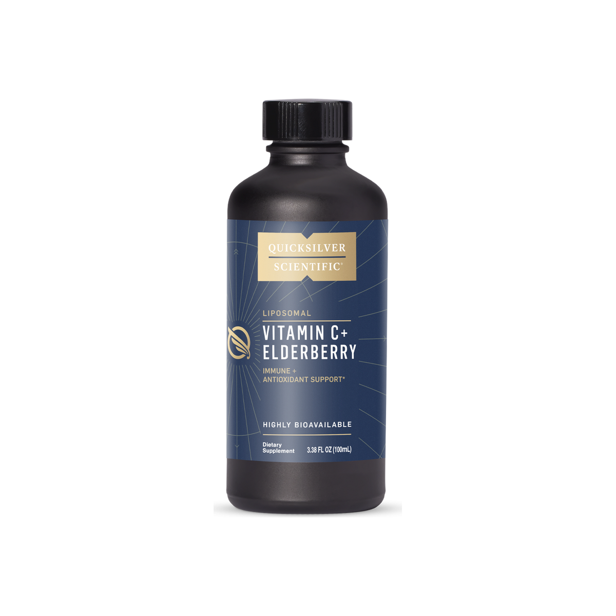 A supplement container of Vitamin C+ Elderberry™ - liposomal by Quicksilver