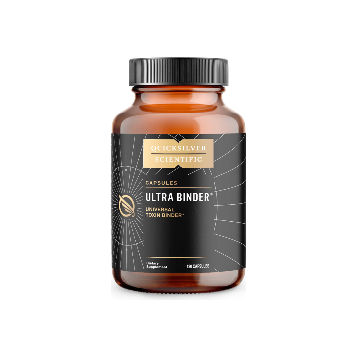 A Supplement container with the name Ultra Binder Universal Toxin Binder 120 Caps by Quicksilver.