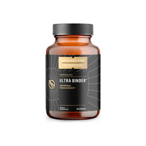 A Supplement container with the name Ultra Binder Universal Toxin Binder 120 Caps by Quicksilver.