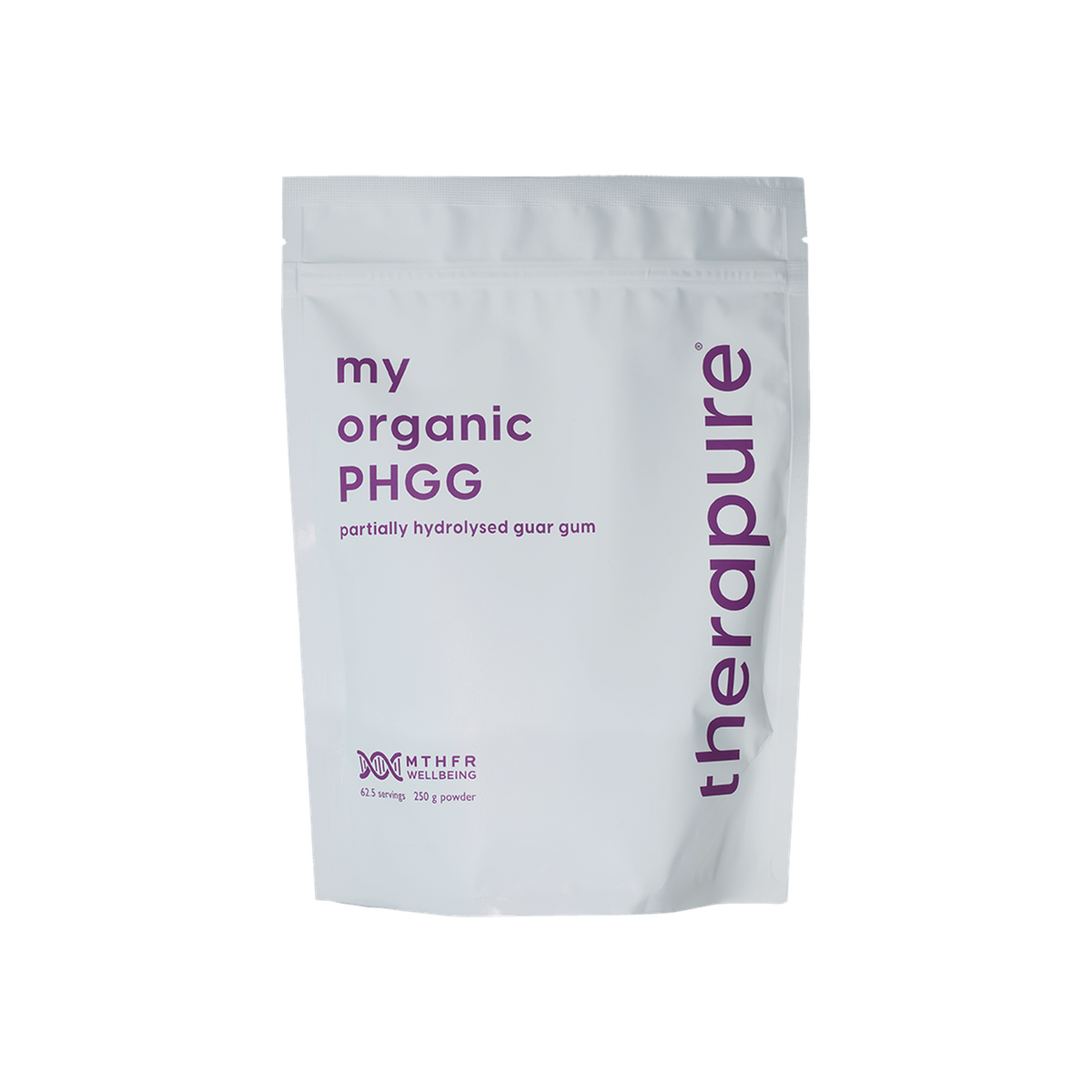 A supplement container of MTHFR (TheraPure) Organic Partially Hydrolysed Guar Gum (PHGG) by MTHFR Support