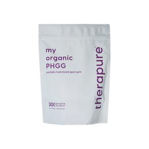 A supplement container of MTHFR (TheraPure) Organic Partially Hydrolysed Guar Gum (PHGG) by MTHFR Support