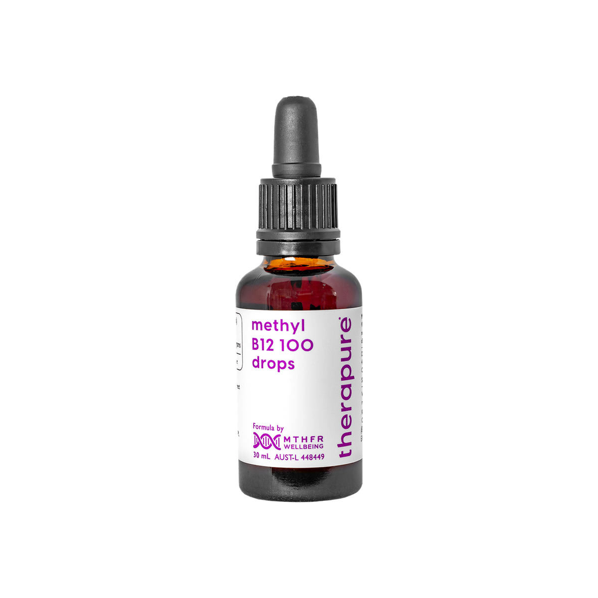 A supplement container of MTHFR (TheraPure) Methyl B12 100 Drops by MTHFR Support