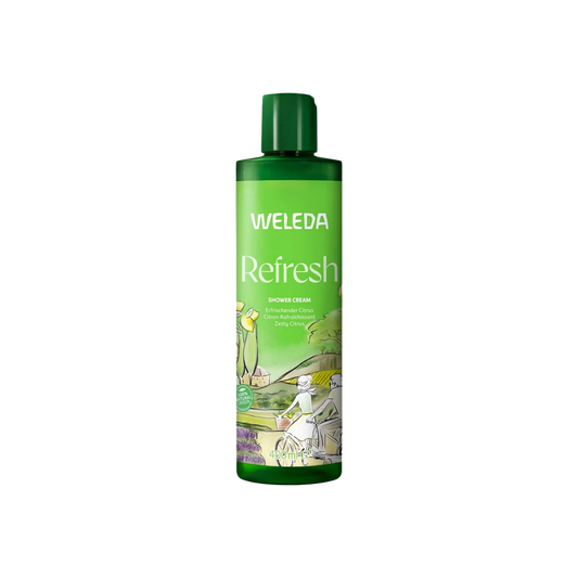 A supplement container of Refresh Shower Cream (Citrus) by Weleda