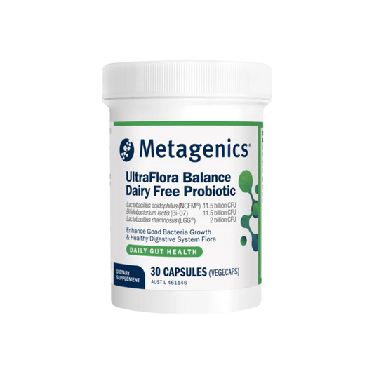 A supplement container of UltraFlora Balance Dairy Free Probiotic 30 capsules by Metagenics