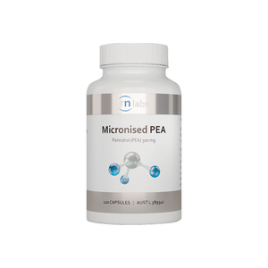 A supplement container of Micronised PEA 120c by RN Labs