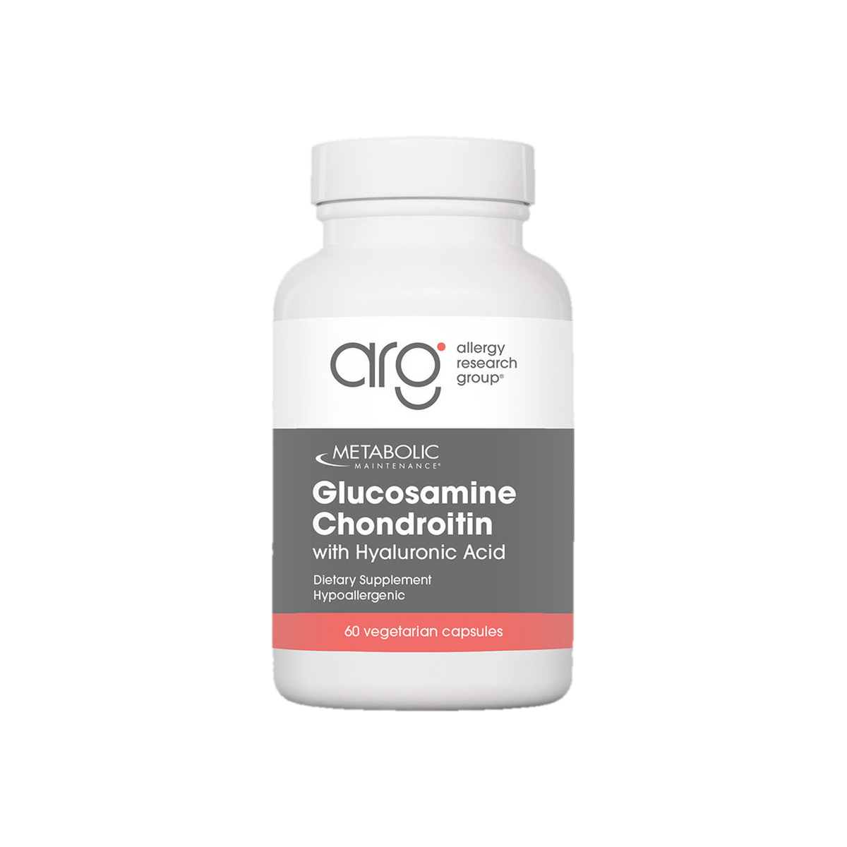 A supplement container of Glucosamine Chondroitin with Hyaluronic Acid 60c by Metabolic Maintenance