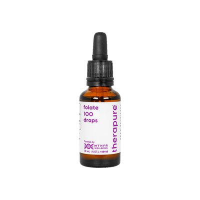 A supplement container of folate 100 drops 30ml by Therapure