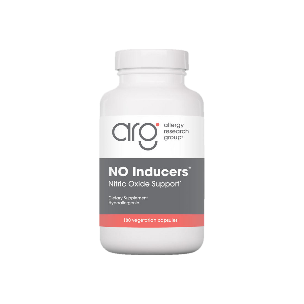 A supplement container of NO Inducers 180c by Allergy Research Group