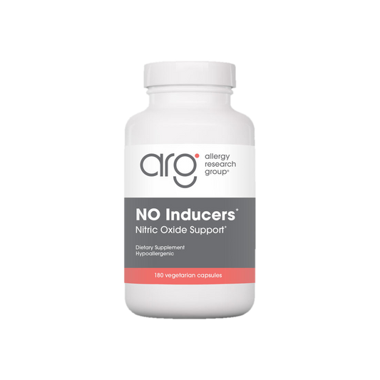 A supplement container of NO Inducers 180c by Allergy Research Group