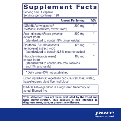 Ingredients: KSM-66 Ahwagandha, Asian ginseng, Eleuthero, Phodiola, 