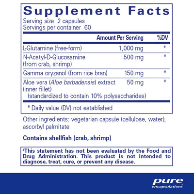 Ingredients: L-Glutamine, N-Acetyl-D-Glucosamine, Gamma oryzanol, Aloe vera.