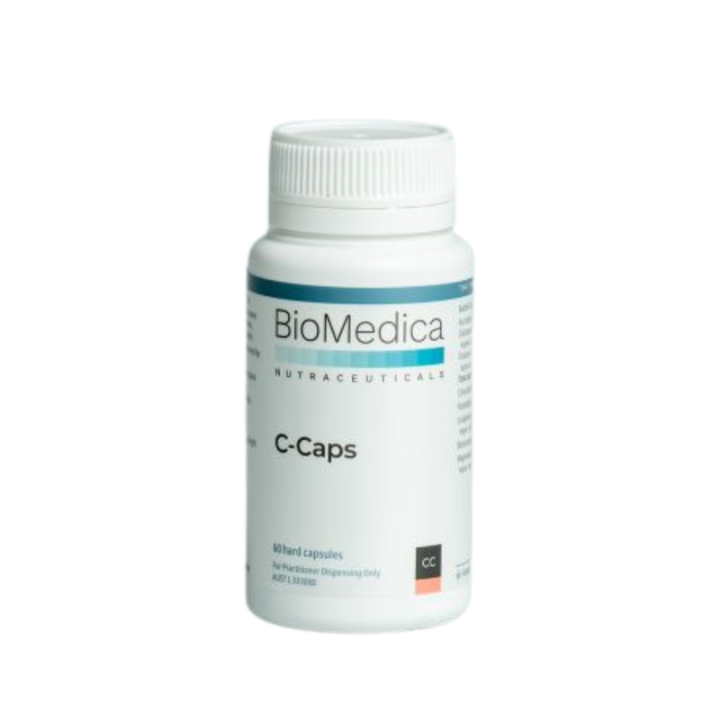 A Supplement container with the name C-Caps (60 caps) y BioMedica.