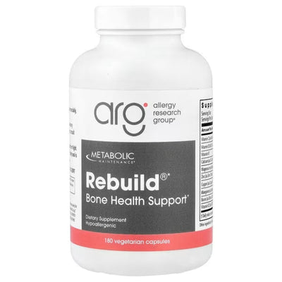A Supplement container with the name Rebuild Bone Health Support by Allergy Research Group.