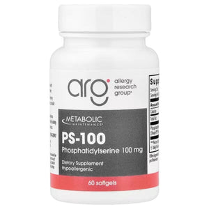 A Supplement container with the name PS-100 Phosphatidylserine (100mg by Allergy Research Group
