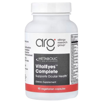 A Supplement container with the name VitalEyes Complete Ocular Formula by Allergy Research Group