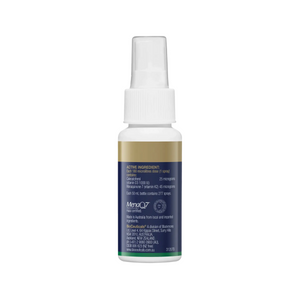 50ml white spray bottle with a blue and gold band label with Bioceuticals Logo. Colecalciferol 25 micrograms, vitamin d3 1000IU. Menaquinone 7 vitamin k2 45micrograms