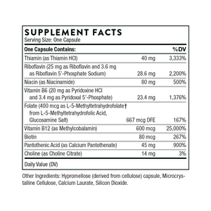 Ingredients including Thiamine, Thamin HCI, Riboflavin, Riboflavin 5-phosphate sodium, Niacin, Niacinamide, Vitamin B6, Pyridoxal 5 Phosphate, Folate, L5mthfr, l-5mthfr, L-5-Methyltetrahydrofolate, Vitamin B12, Methylcobalamin, Biotin, Pantothenic acid, Calcium Pantothenate, Choline, Choline Citrate.