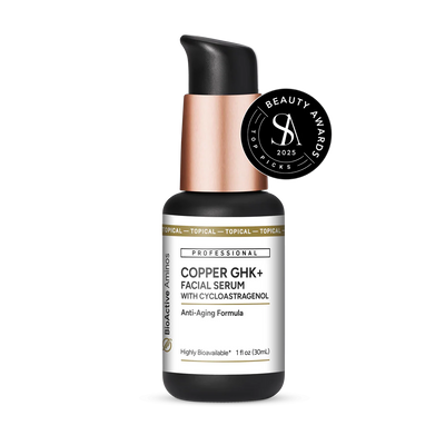 A Topical Supplement bottle with the name Copper GHK + Facial Serum with Cycloastragenol by QuickSilver.