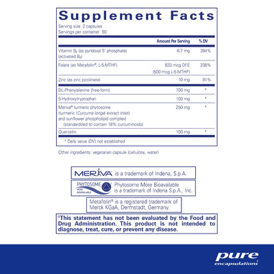 Ingredients: Vitamin B6, Folate, Zinc, DL-Phenylalanine, 5-Hydroxytrptophan, Meriva turmeric phytosome. 