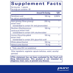 Ingredients: Pantothenic acid, Asian ginseng, Eleuthero, Licorice, Whole adrenal, Adrenal cortex.