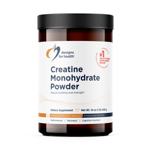 A Supplement container with the name Creatine Monohydrate Powder by Designs for Health.