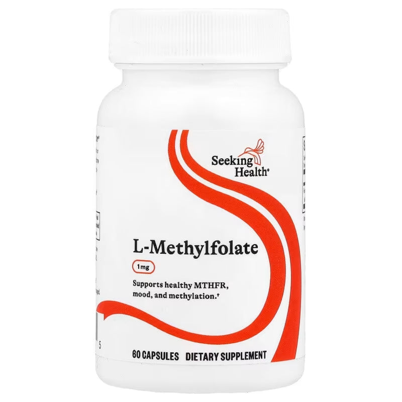 A Supplement container with the name L-Methylfolate by Seeking Health.