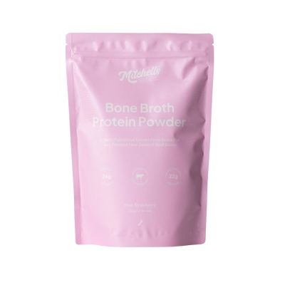 A Supplement pouch with the name Bone Broth Protein Powder (Real Strawberry) by Mitchell's Nutrition. 