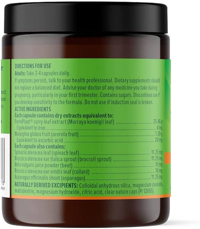 Image of Vital Plant Based Iron 60 vcaps contents 873x1000

Ferroplant curry leaf extract, Equivalent to iron, Malpighia glabra fruit, equivalent to ascorbic acid, spiacia oleracea leaf, brassica oleracea var italica sprout, Beta vulgaris juice powder, brassica oleracea var viridis leaf, asparagus officinalis shoot, colloidal anhydrous silica, magnesium, maltodextrin, magnesium hydroxide, citric acid, clear nature caps
