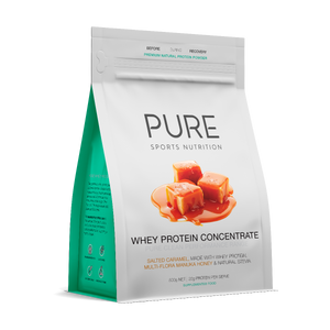 A Supplement bag with the name Whey Protein Concentrate (Salted Caramel 500g) by Pure Sports Nutrition.