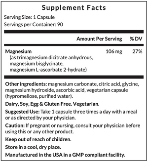 Supplement facts for Magnesium3™ listing ingredients including Ascorbic Acid, Citric Acid, Glycine, Magnesium, Magnesium bisglycinate