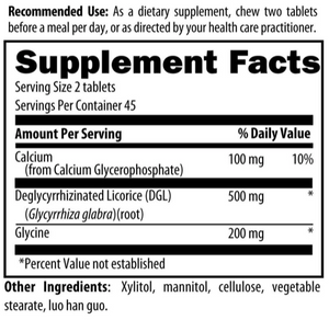 Text describing the ingredients: Calcium, Deglycyrrhizinated Licorice, Glycine. xylitol, mannitol, cellulose, vegetable stearate, luo han guo